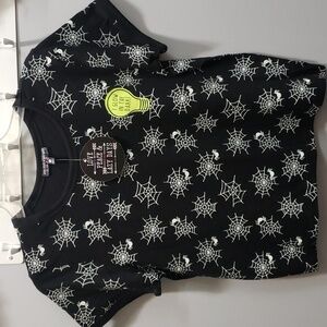 Love, Peace & Lazy Days Black Tshirt with Glow in the Dark Spiders and Webs, S